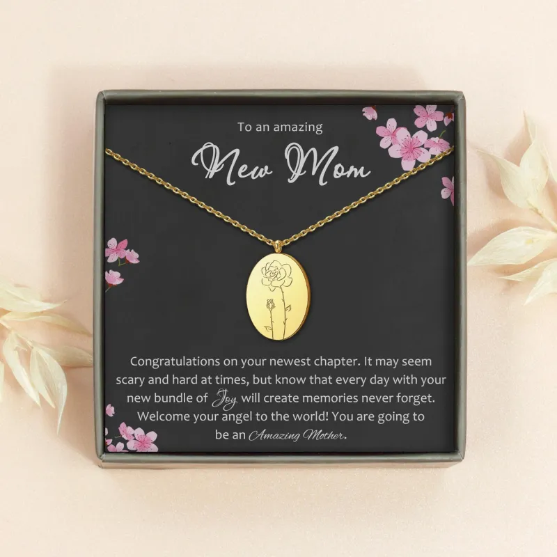 "To an Amazing New Mom" Oval Birth Flower Necklace sold by Anavia