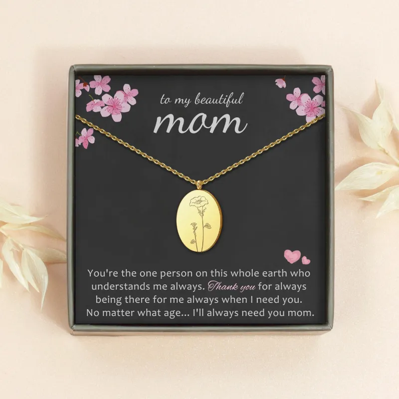 "To My Beautiful Mom" Oval Birth Flower Necklace sold by Anavia