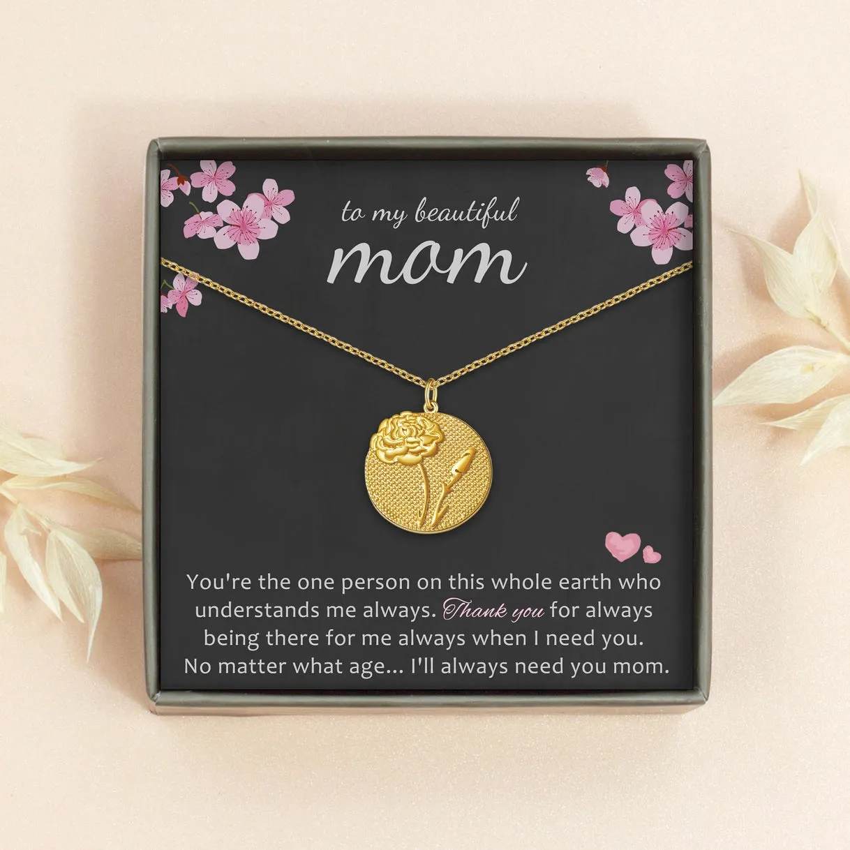 "To My Beautiful Mom" 3D Birth Flower Necklace sold by Anavia