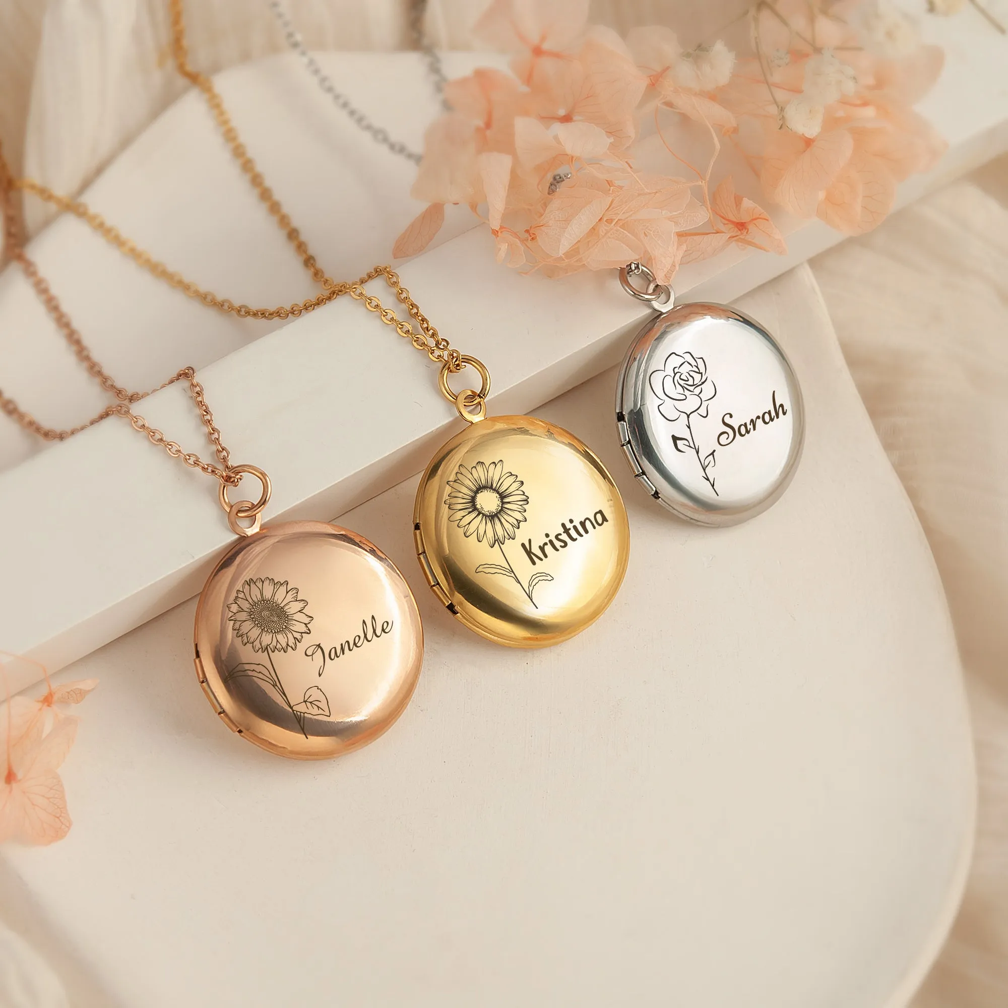 Birth Flower and Name Photo Locket Memorial Necklace sold by Anavia product image thumbnail 5