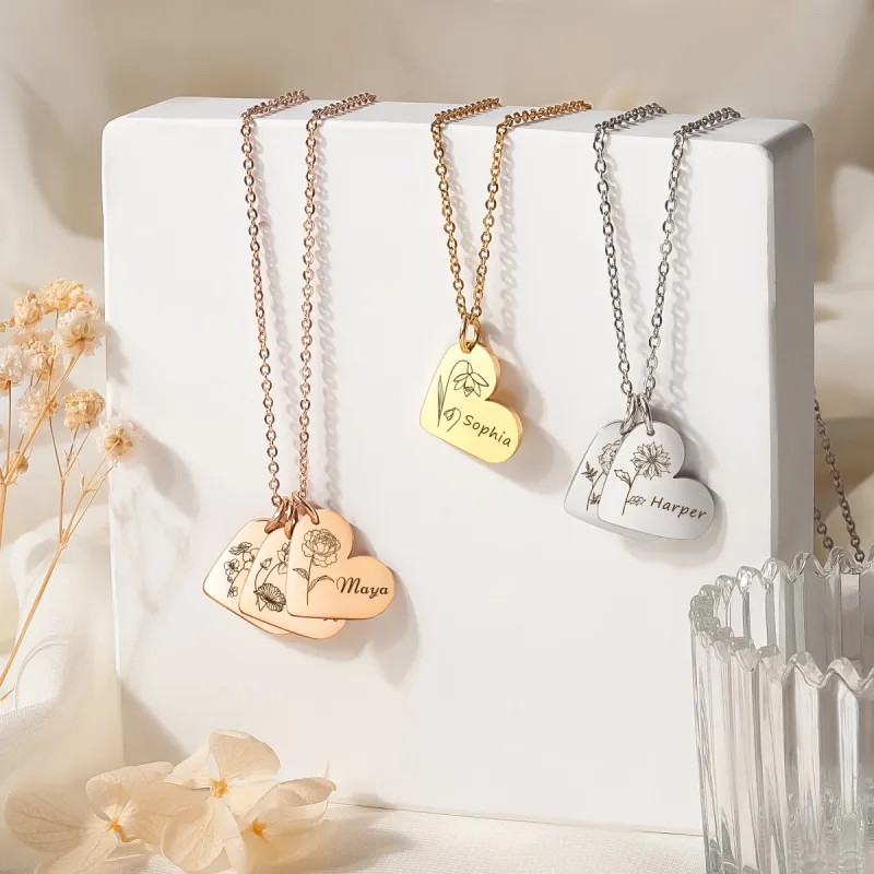 Personalized Mini Heart Text and Birth Flower Necklace sold by Anavia