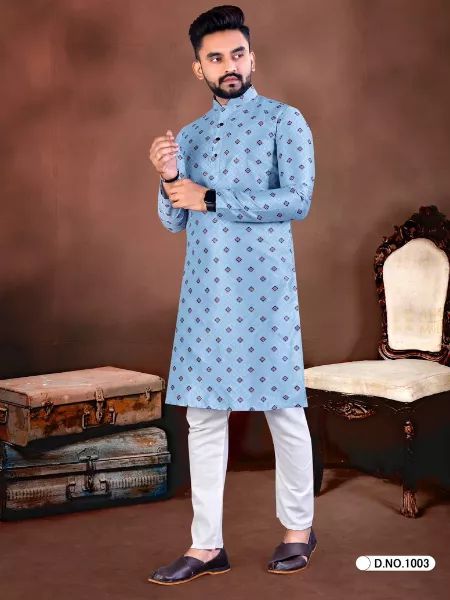 Skyblue Men's Traditional Kurta Pajama Set in Jacquard Silk for Ramadan Eid Men's Kurta sold by Kloth Trend