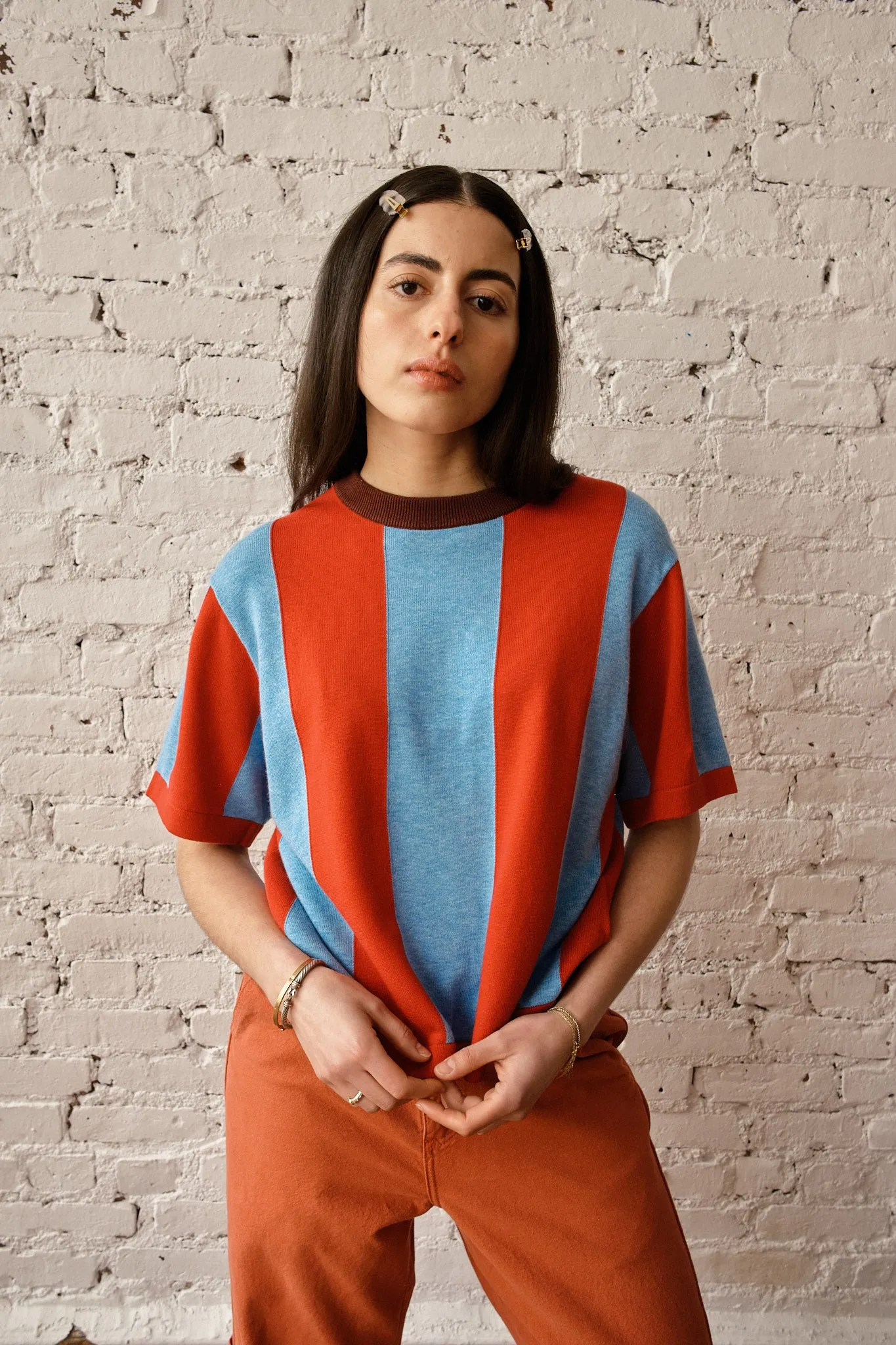 Sawyer Vertical Stripe Sweater Tee - Cherry/Powder sold by Nikki Chasin product image thumbnail 4