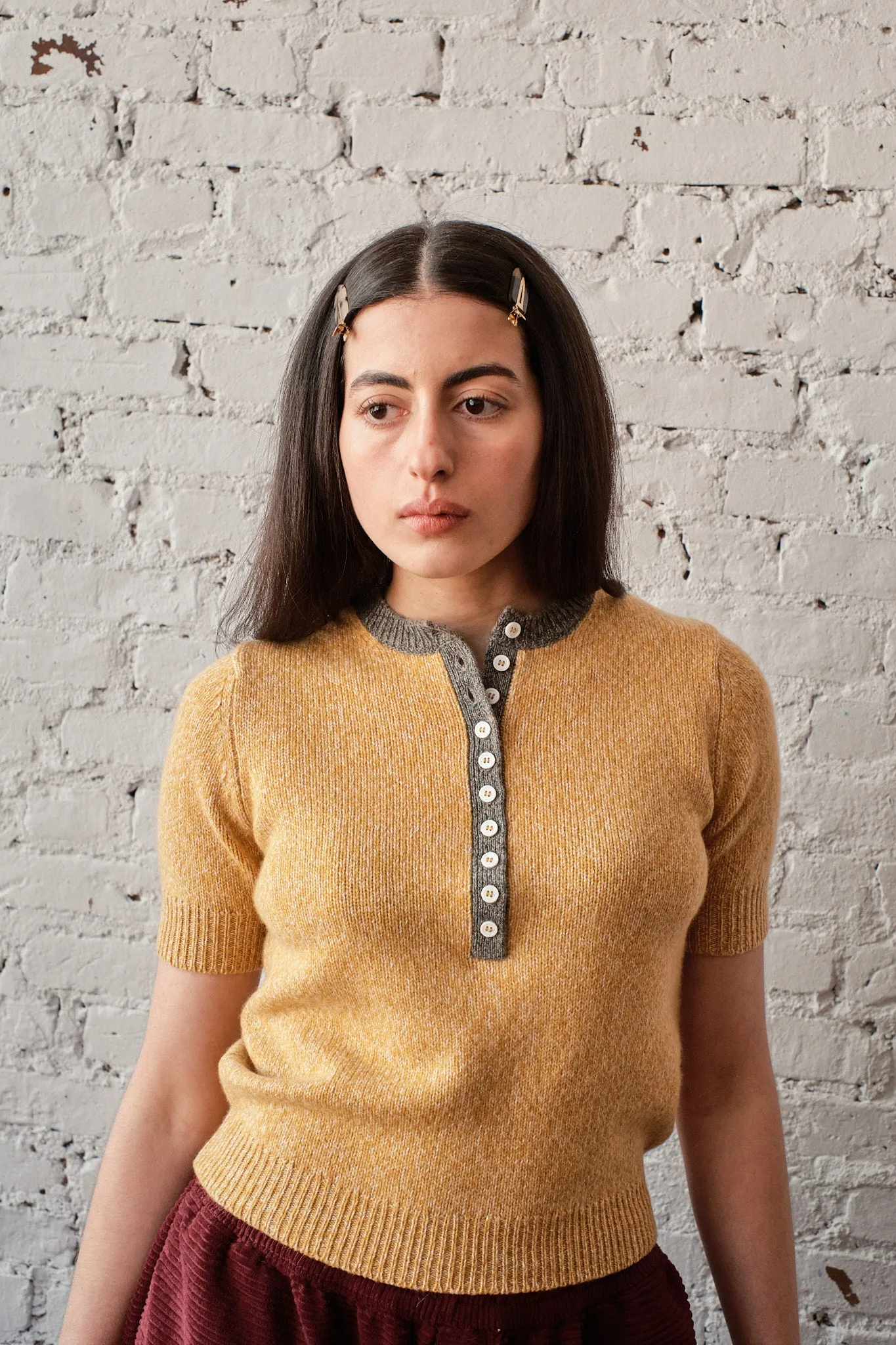 Cecilia Marl Cashmere Henley- Mustard/Dove sold by Nikki Chasin product image thumbnail 3