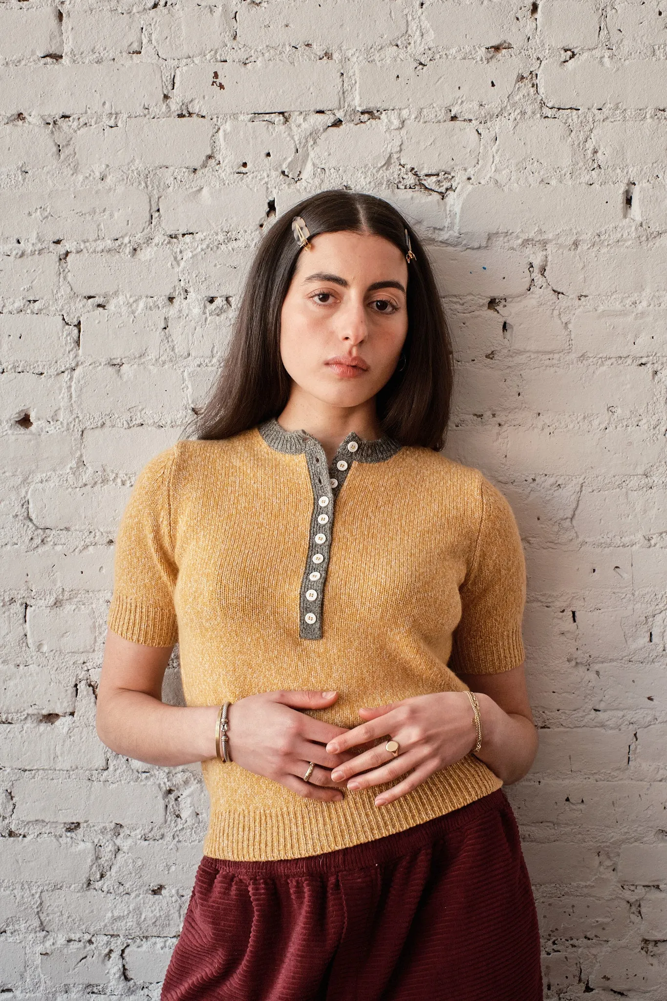 Cecilia Marl Cashmere Henley- Mustard/Dove sold by Nikki Chasin product image thumbnail 2