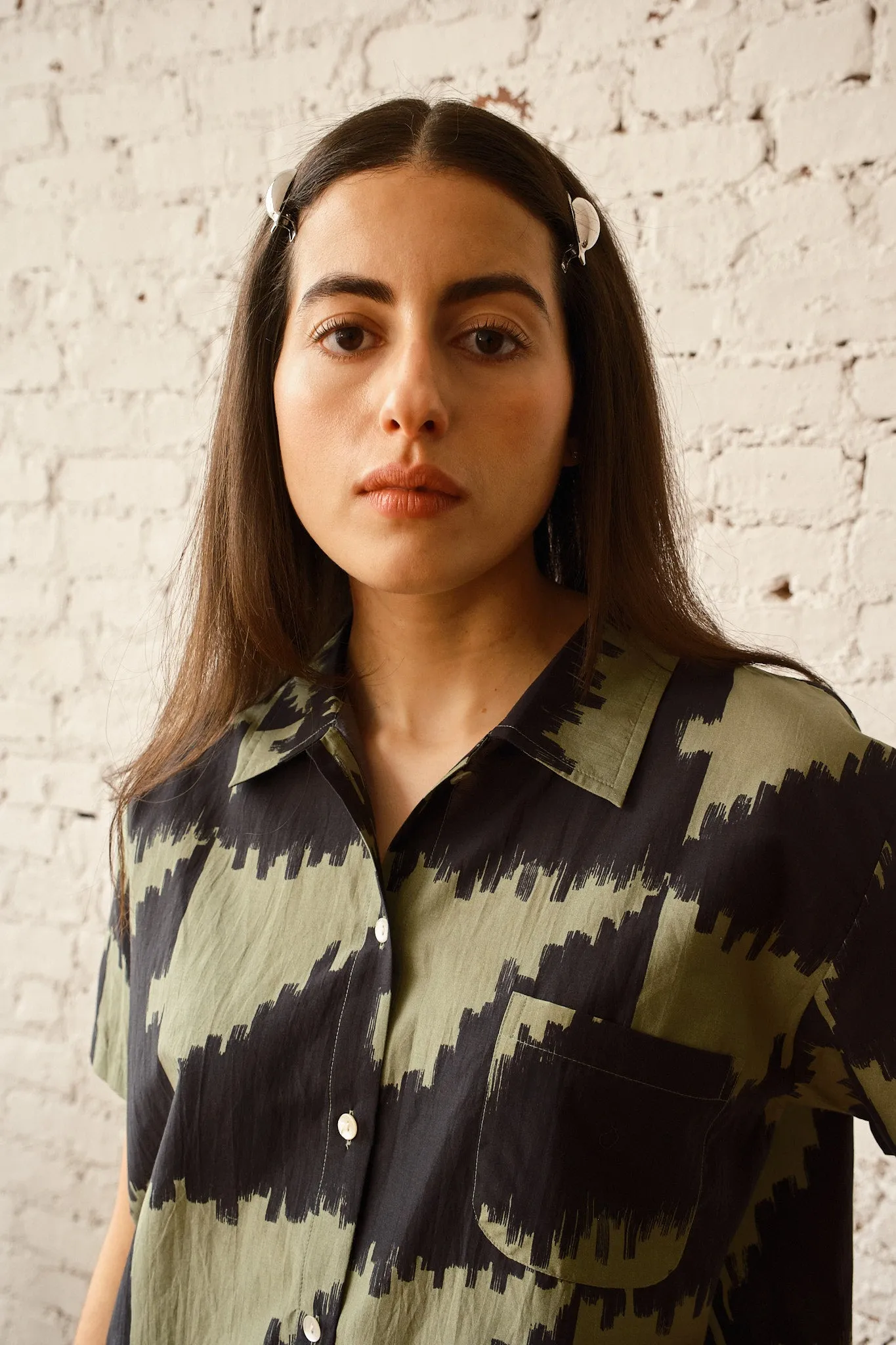Dylan Shirt Cotton/Silk- Houndstooth Green sold by Nikki Chasin product image thumbnail 3