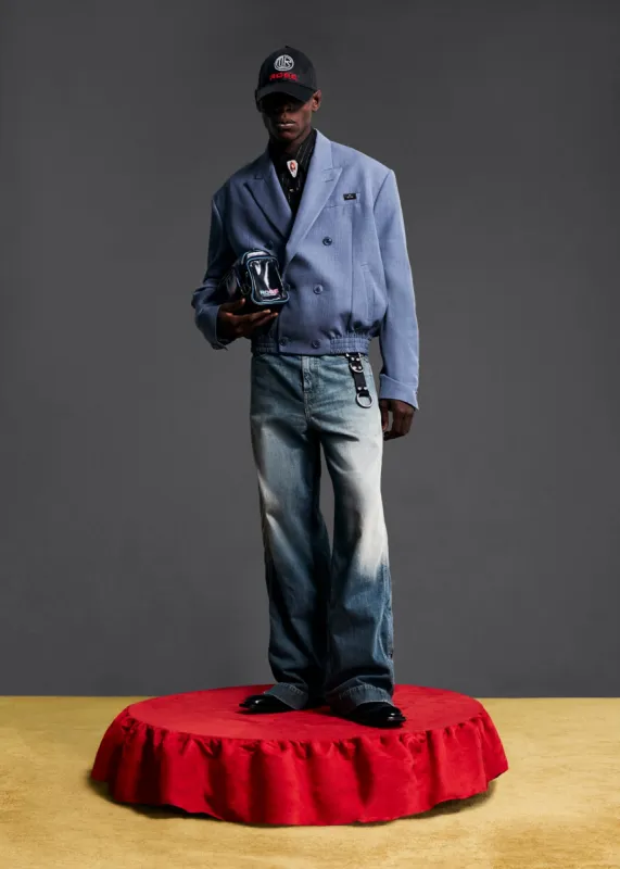 ELASTICATED DB TAILORED JACKET in BLUE GREY sold by Martine Rose