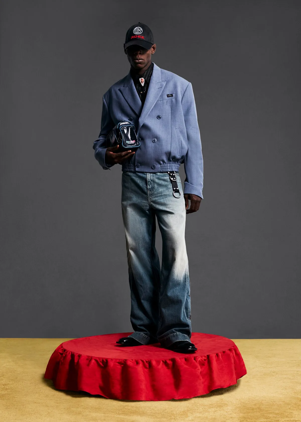 ELASTICATED DB TAILORED JACKET in BLUE GREY sold by Martine Rose