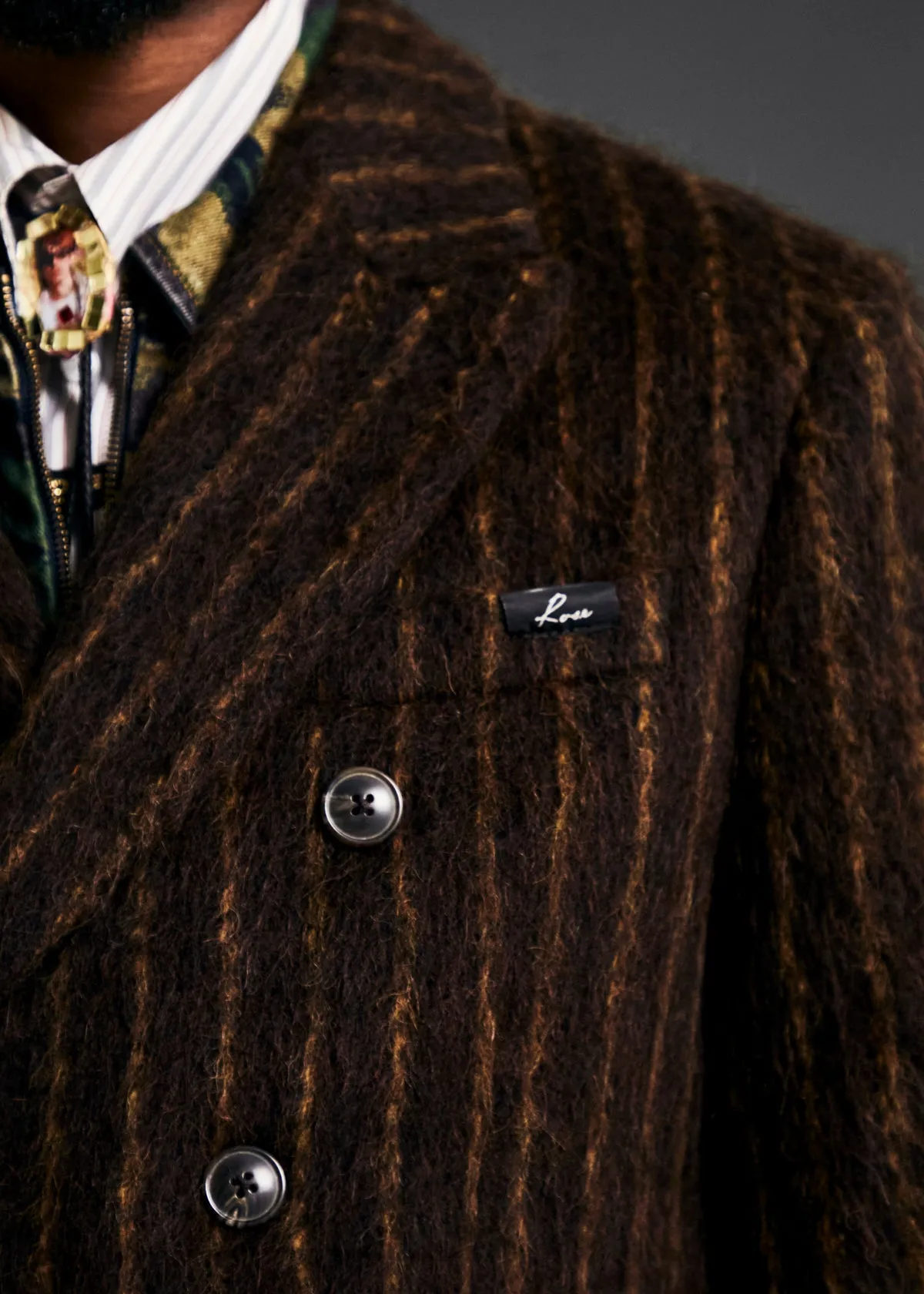 DOUBLE BREASTED SHORT COAT in BROWN-GOLD STRIPE sold by Martine Rose product image thumbnail 3