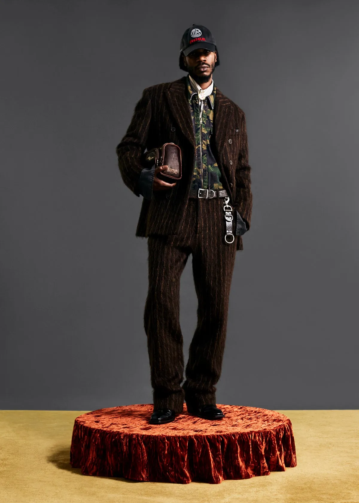 DOUBLE BREASTED SHORT COAT in BROWN-GOLD STRIPE sold by Martine Rose