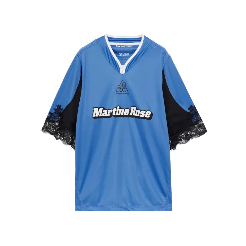 LACE TRIM FOOTBALL TOP in NAVY made by Martine Rose