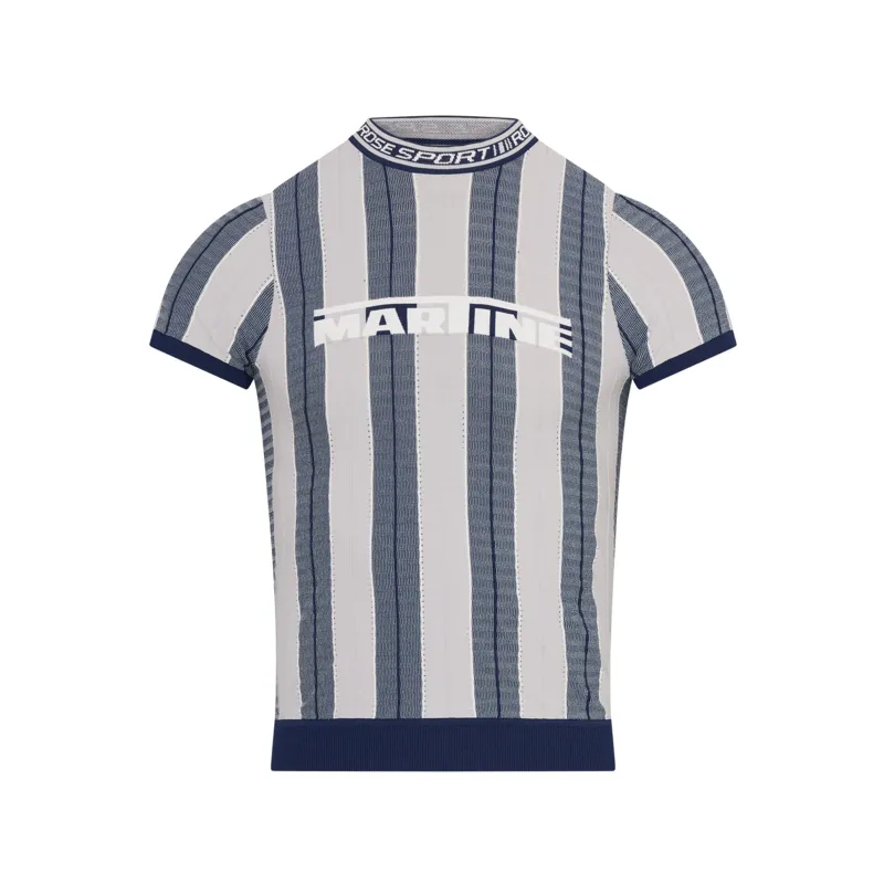 LOGO TIGHT T-SHIRT in BLUE & GREY made by Martine Rose