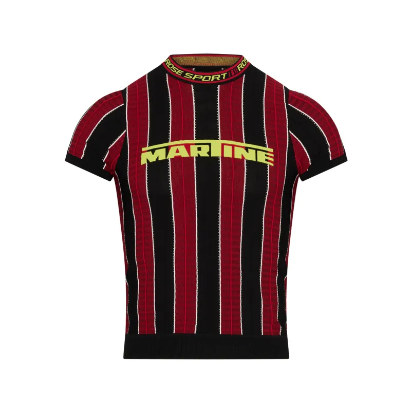 LOGO TIGHT T-SHIRT in RED & BLACK made by Martine Rose