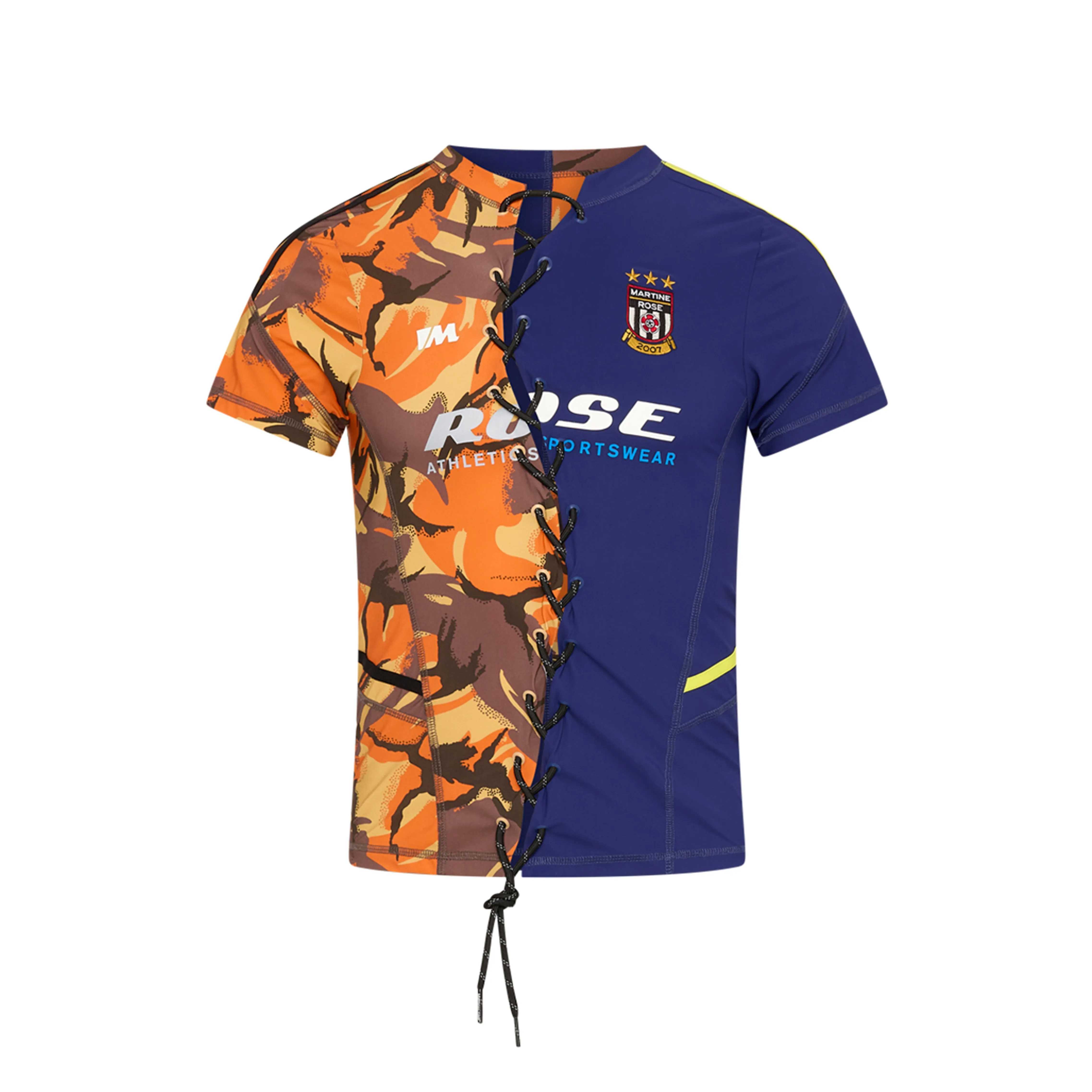 LACE UP FOOTBALL TOP in ORANGE & BLUE CAMO sold by Martine Rose