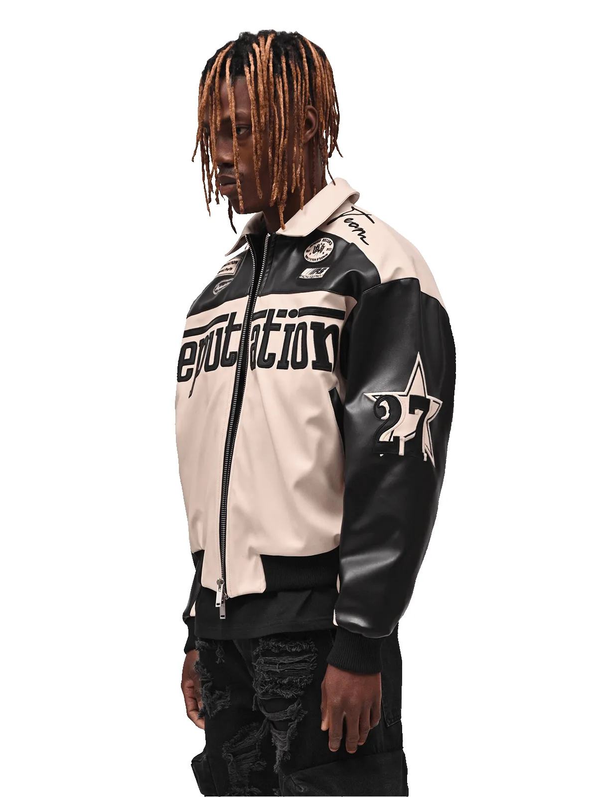ダウンジャケット・コート +DEINET+ RACING BIKER LEATHER JACKET IN BLACK KDTJI4F8211 New Mens Kawasaki Leather Jacket Kawasaki Racing Jacket