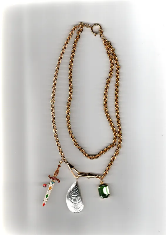 Lovers necklace Sword + Silver Mussel + Green strass made by Bangle Begum