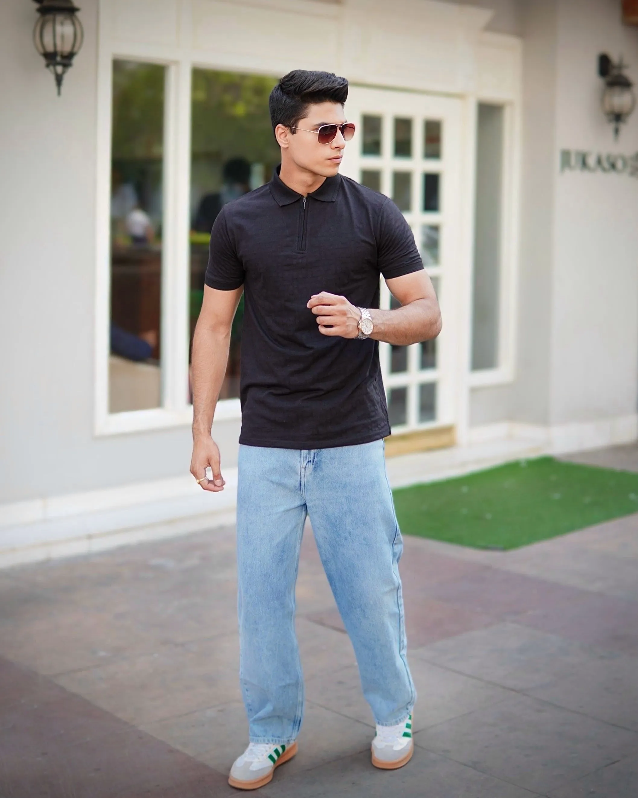 Black Jacquard-Knit Polo T-Shirt With Zip sold by Ceazur product image thumbnail 4