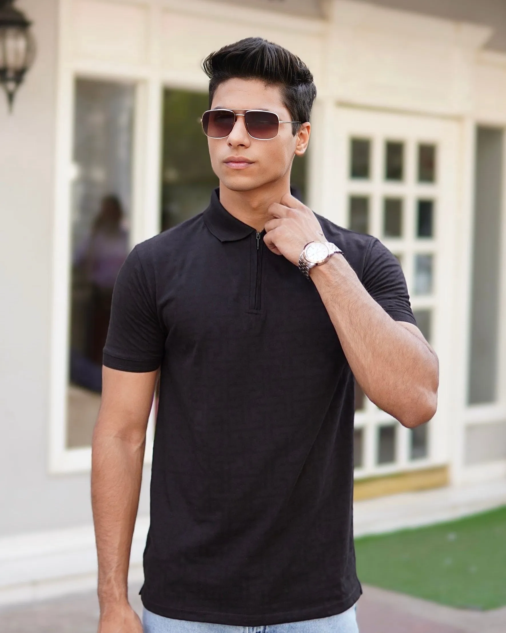 Black Jacquard-Knit Polo T-Shirt With Zip sold by Ceazur product image thumbnail 2