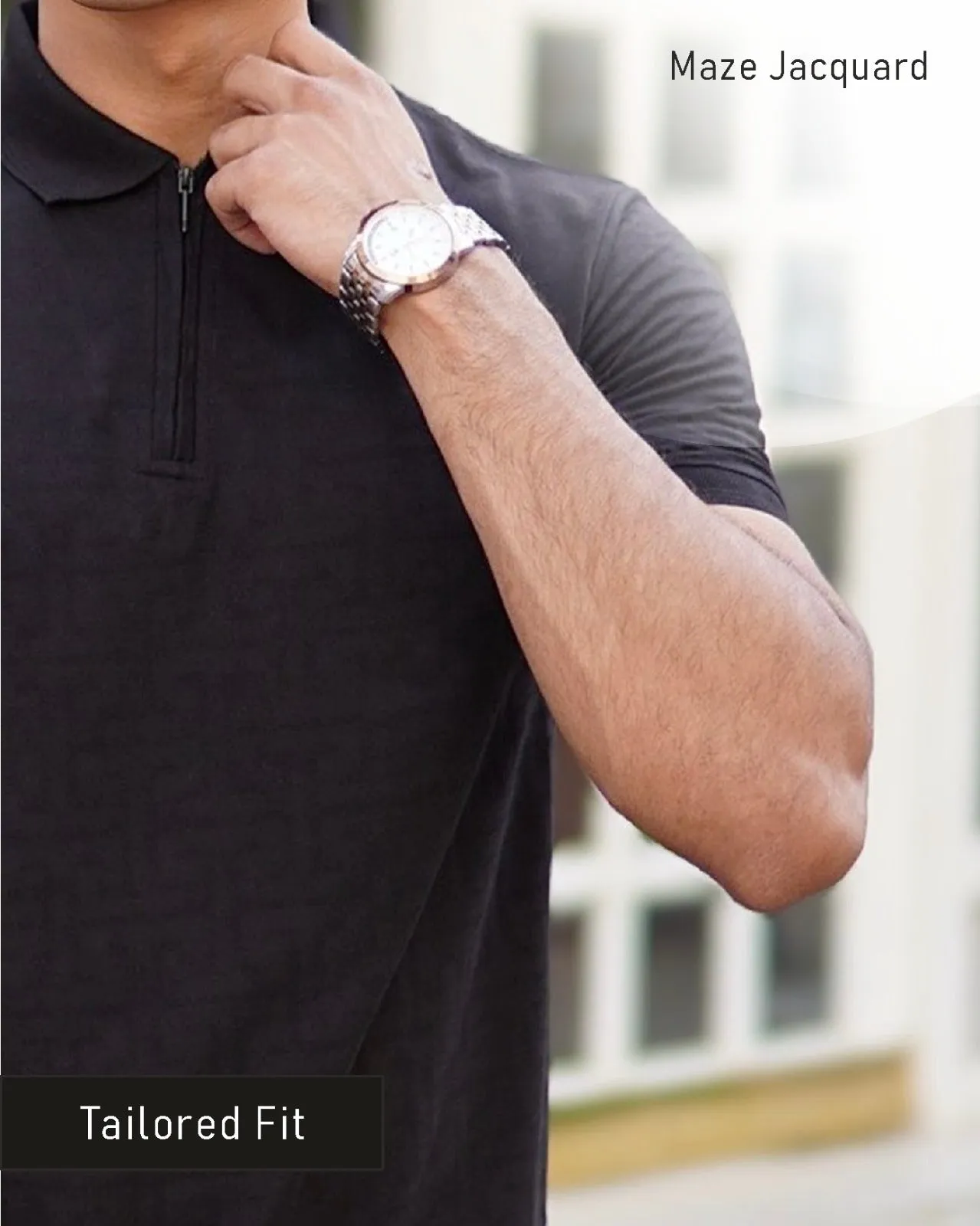 Black Jacquard-Knit Polo T-Shirt With Zip sold by Ceazur product image thumbnail 5