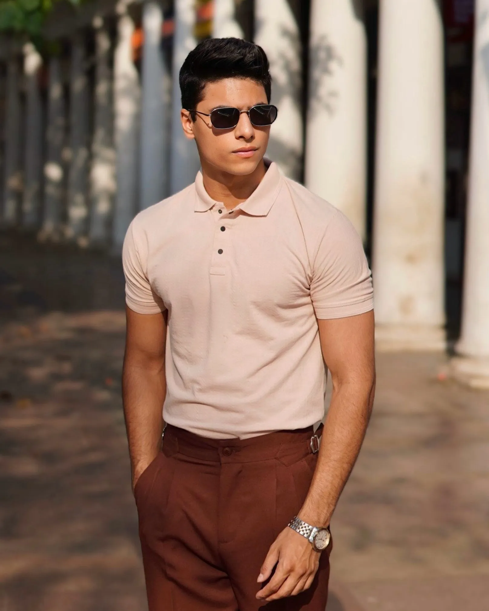 Peach Jacquard-Knit Polo T-Shirt With Button sold by Ceazur product image thumbnail 3