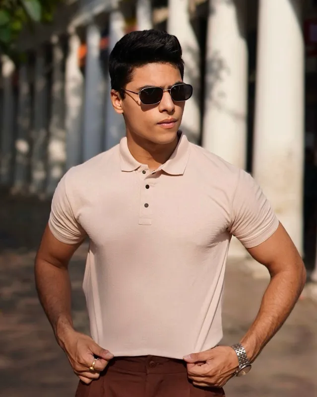 Peach Jacquard-Knit Polo T-Shirt With Button sold by Ceazur