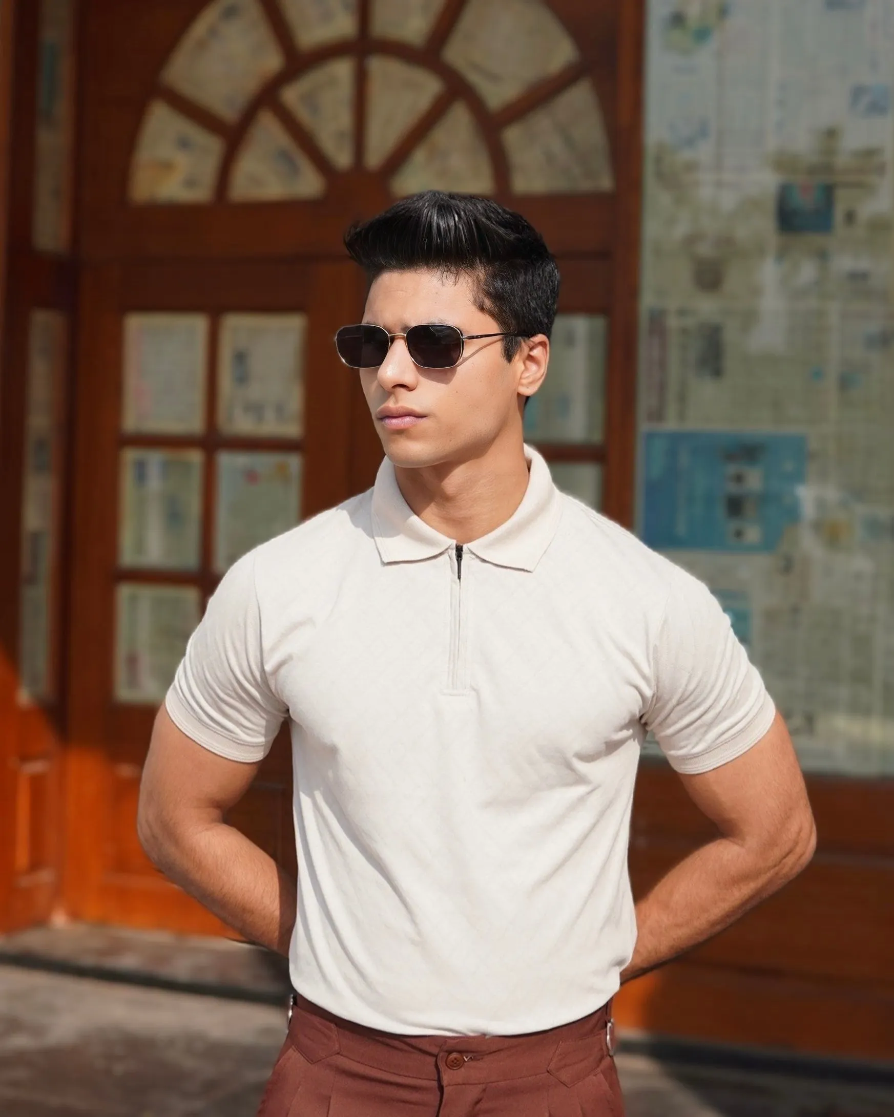 Ivory Jacquard-Knit Polo T-Shirt With Zip sold by Ceazur product image thumbnail 2