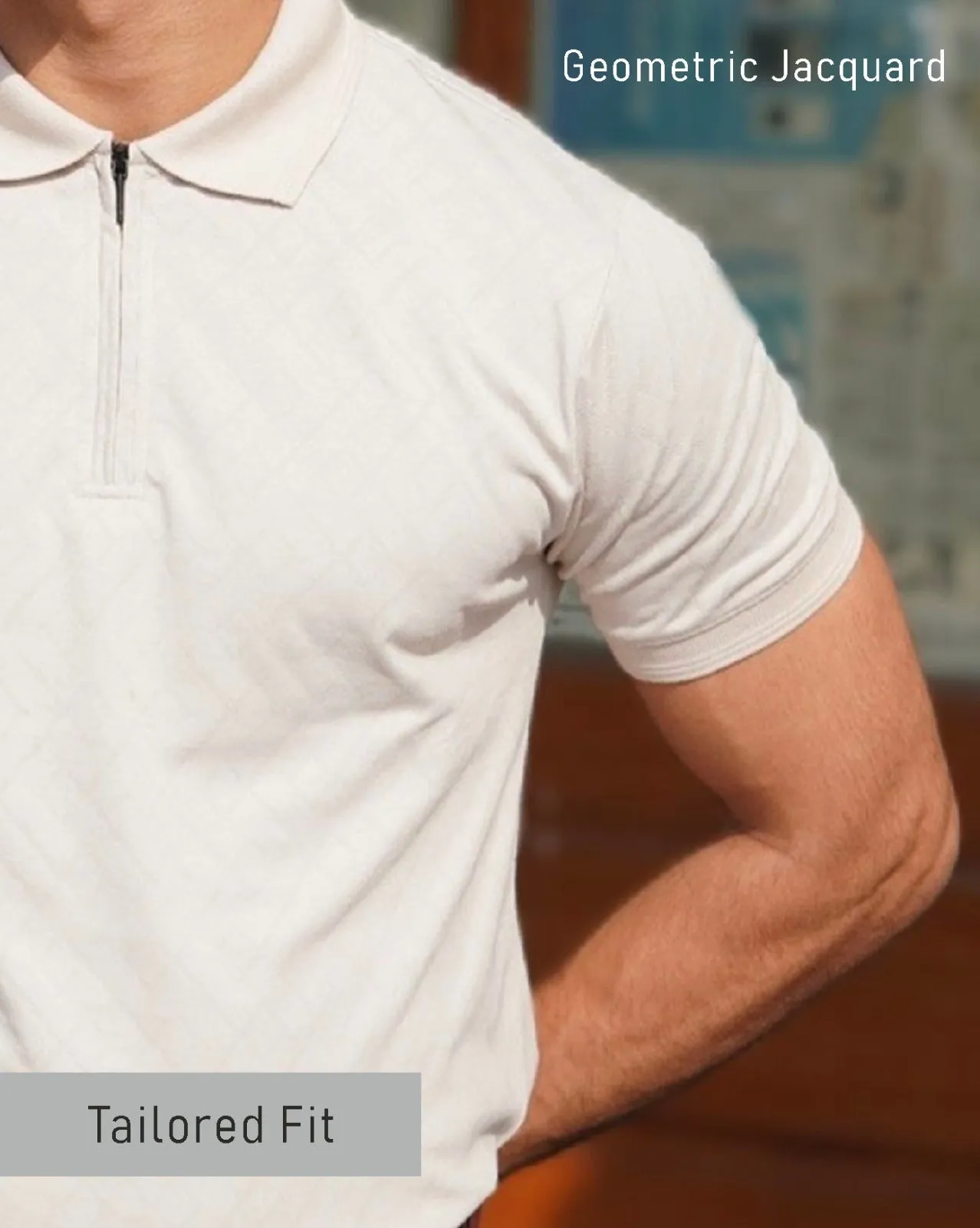 Ivory Jacquard-Knit Polo T-Shirt With Zip sold by Ceazur product image thumbnail 5