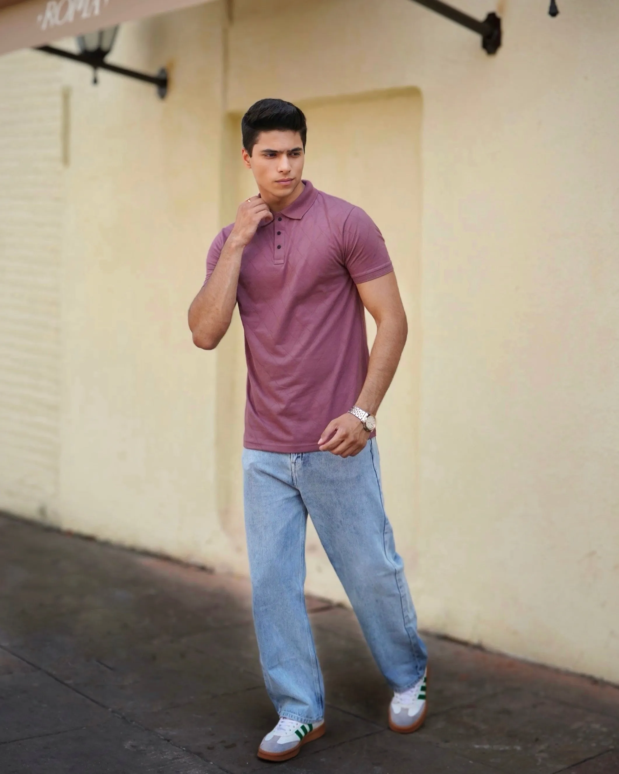 Mauve Jacquard-Knit Polo T-Shirt With Button sold by Ceazur product image thumbnail 2