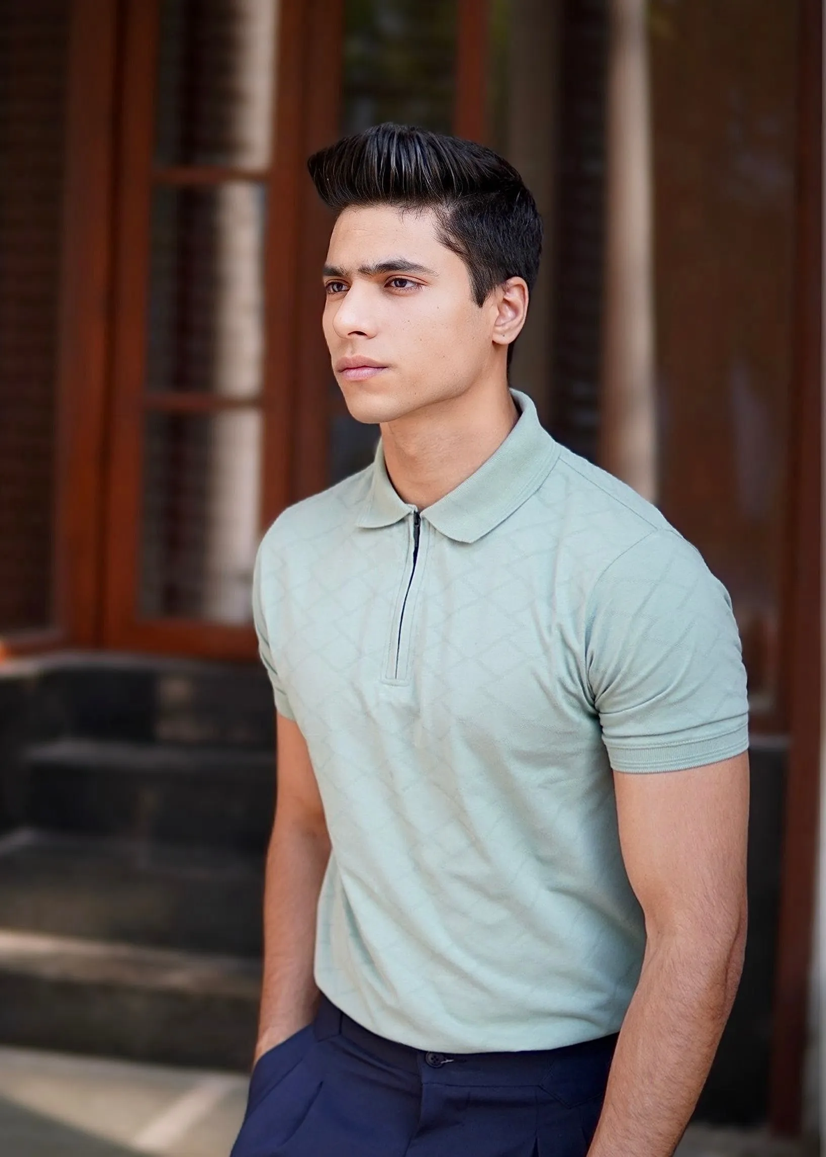 Mint Green Jacquard-Knit Polo T-Shirt With Zip sold by Ceazur