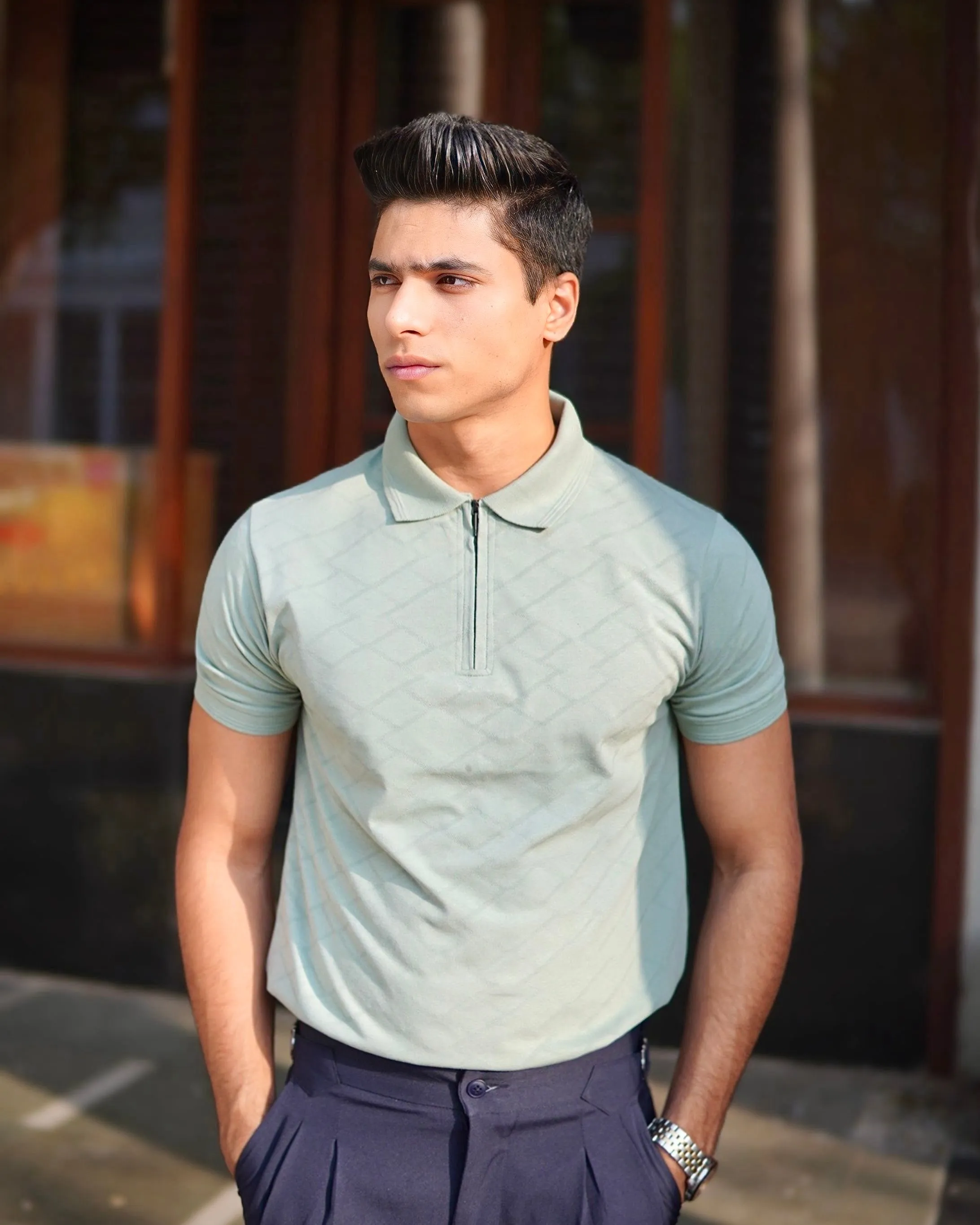 Mint Green Jacquard-Knit Polo T-Shirt With Zip sold by Ceazur product image thumbnail 3