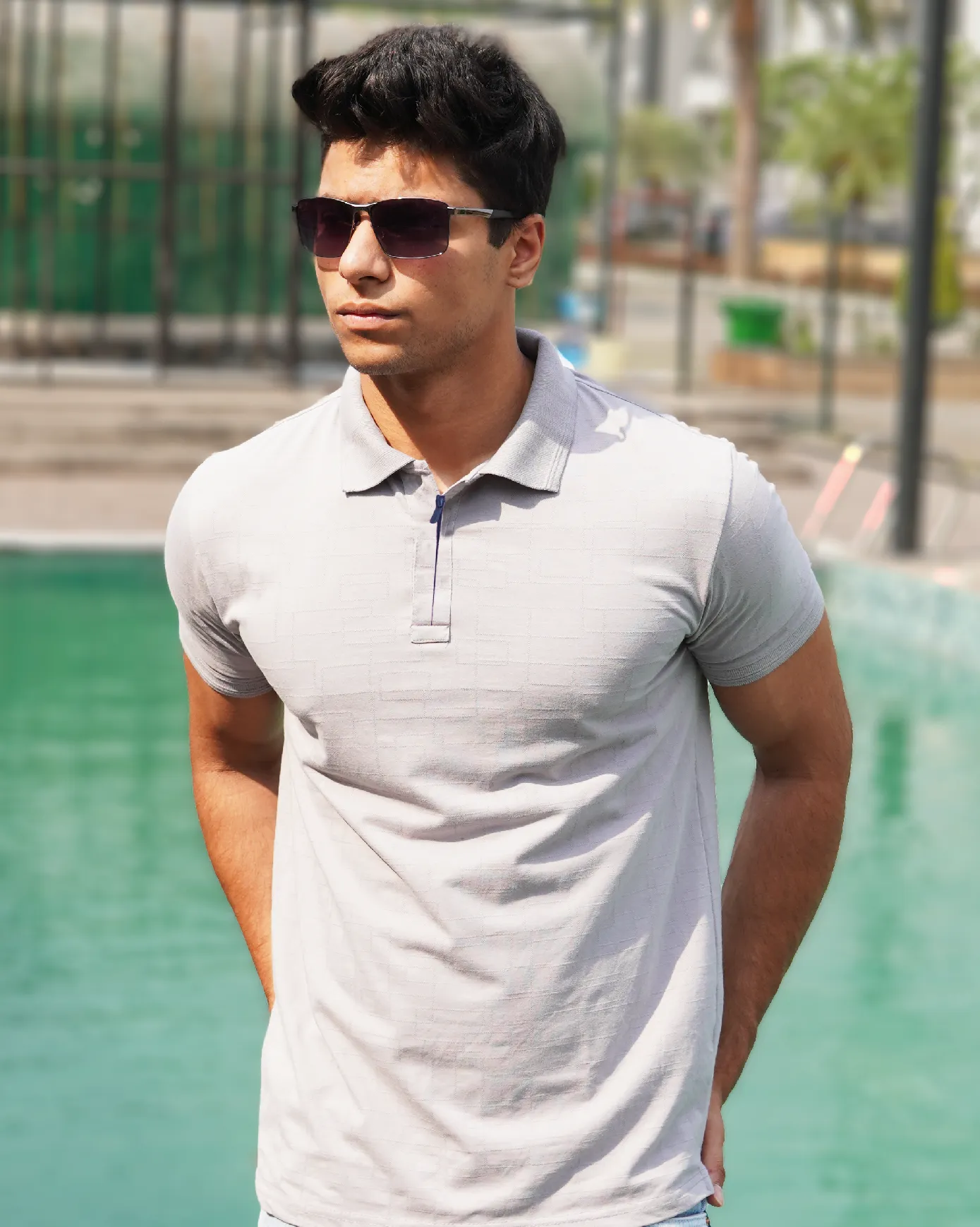 Gray Jacquard-Knit Polo T-Shirt With Zip sold by Ceazur