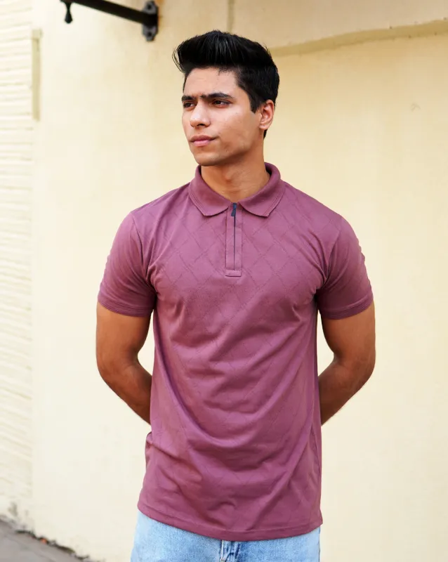 Mauve Jacquard-Knit Polo T-Shirt With Zip sold by Ceazur