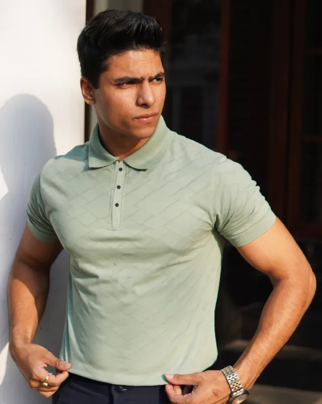 Mint Green Jacquard-Knit Polo T-Shirt With Button sold by Ceazur