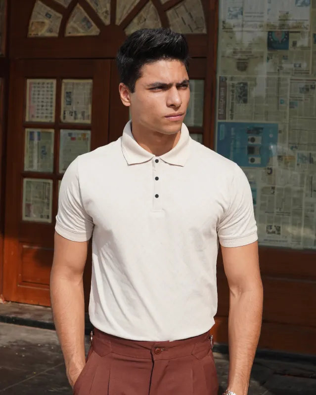 Ivory Jacquard-Knit Polo T-Shirt With Button sold by Ceazur