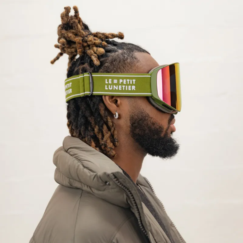 Valmorel Green Ski Mask with Pink Window sold by Le Petit Lunetier