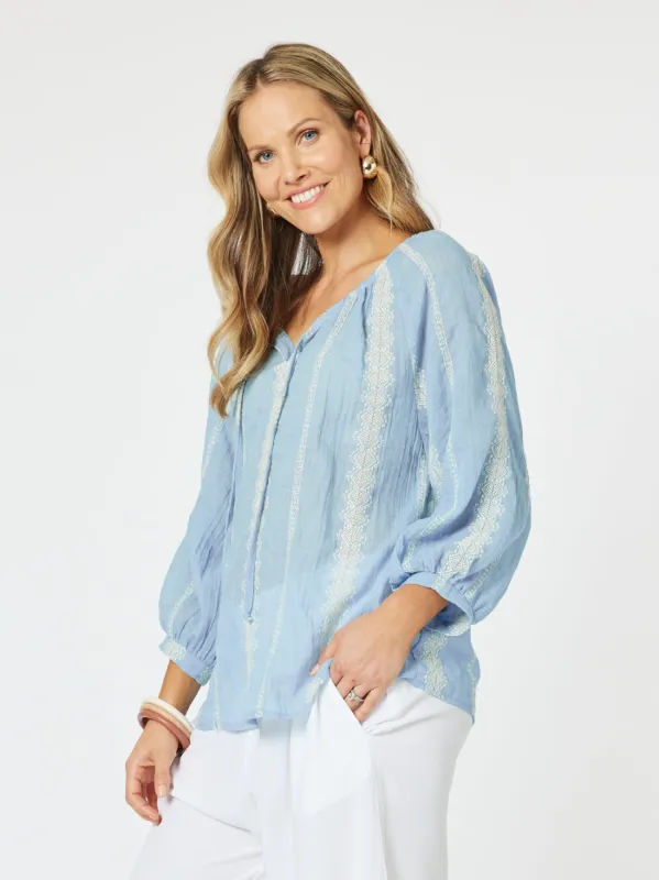Sorrento Embroidered Top - Blue sold by RC & Co