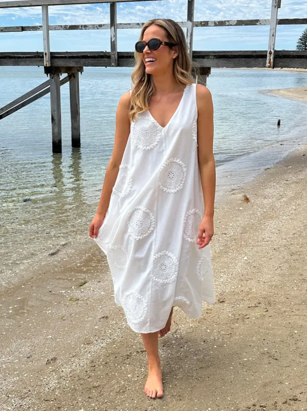 Emanuella Embroidered Sleeveless Dress - White sold by RC & Co