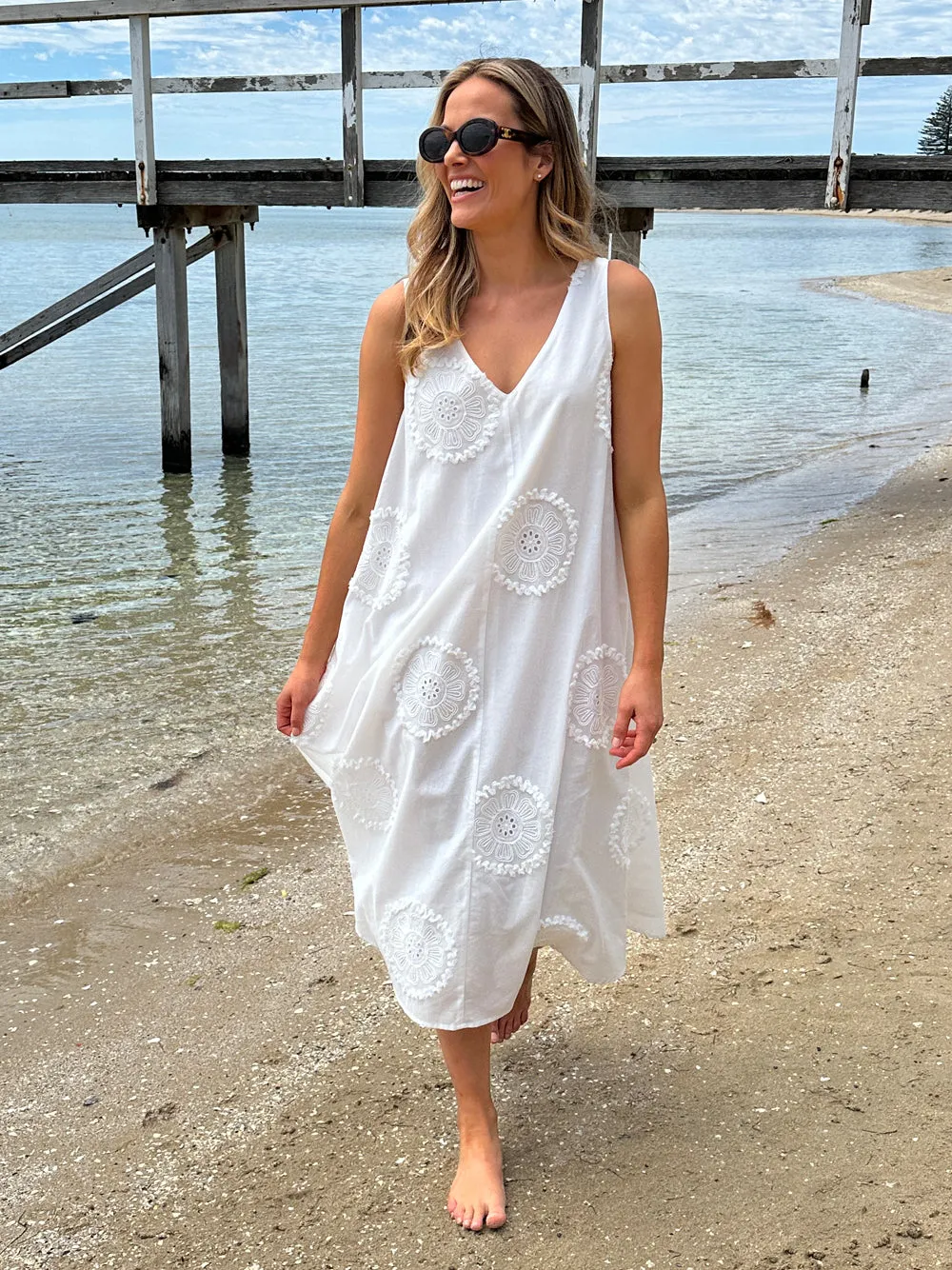 Emanuella Embroidered Sleeveless Dress - White sold by RC & Co