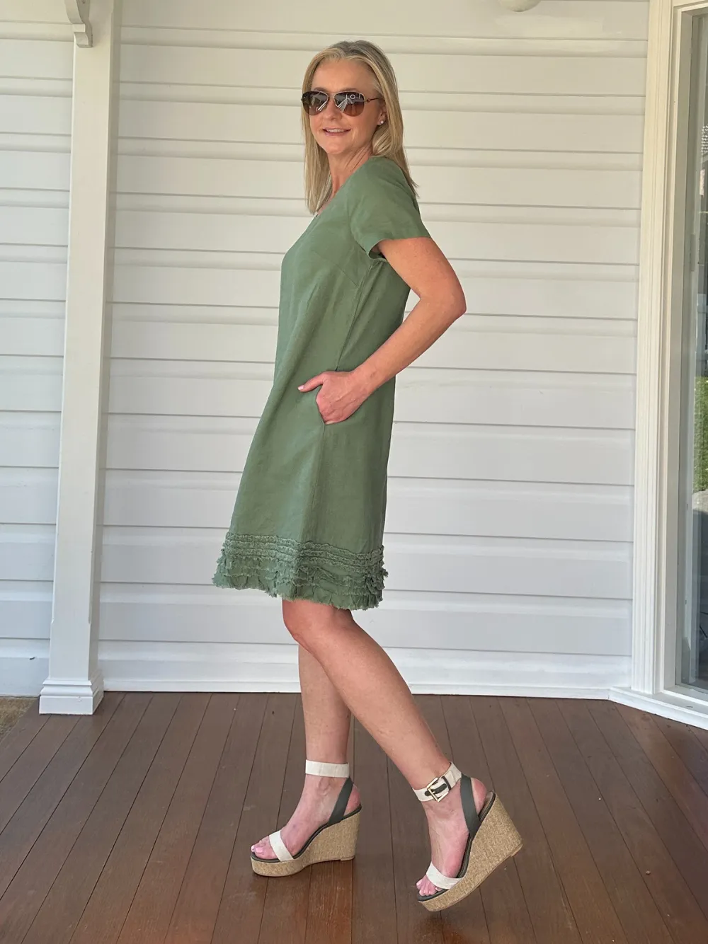 Linen Ruffle Hem Dress - Khaki sold by RC & Co product image thumbnail 4