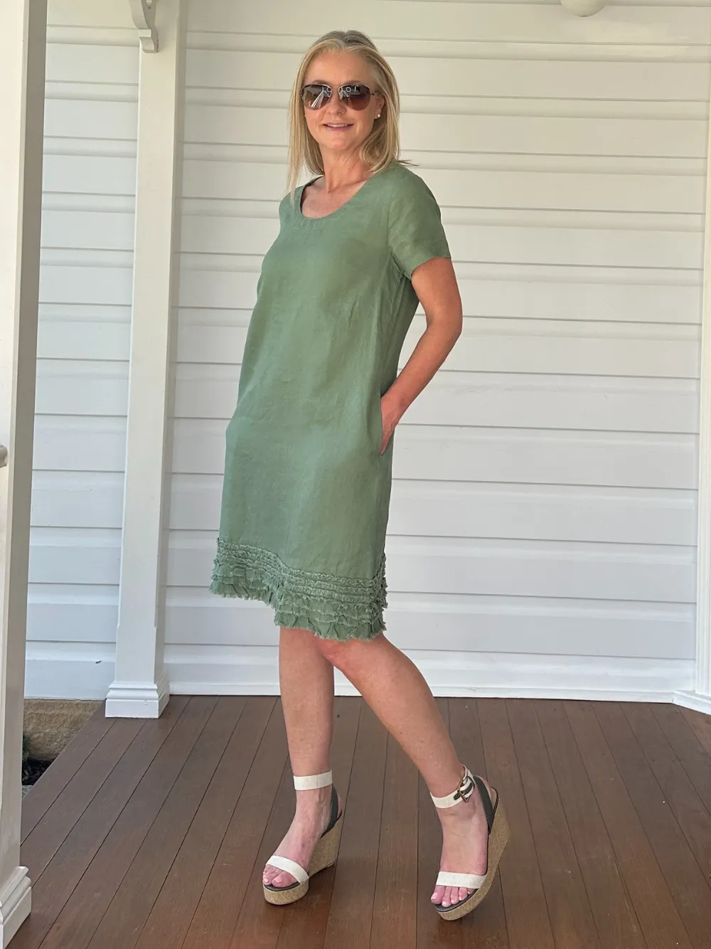 Linen Ruffle Hem Dress - Khaki sold by RC & Co product image thumbnail 3