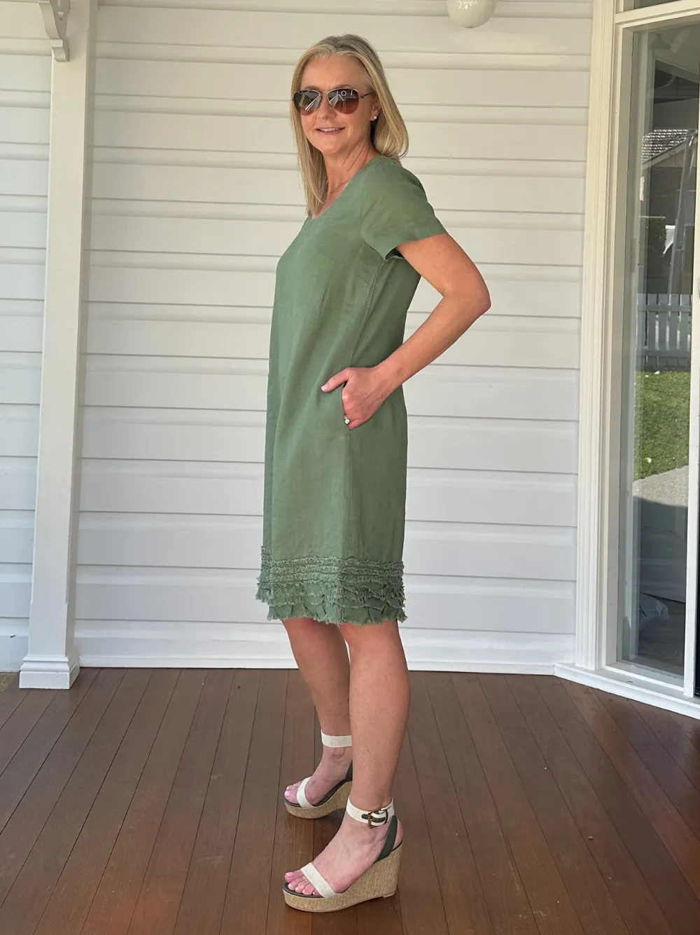 Linen Ruffle Hem Dress - Khaki sold by RC & Co product image thumbnail 5