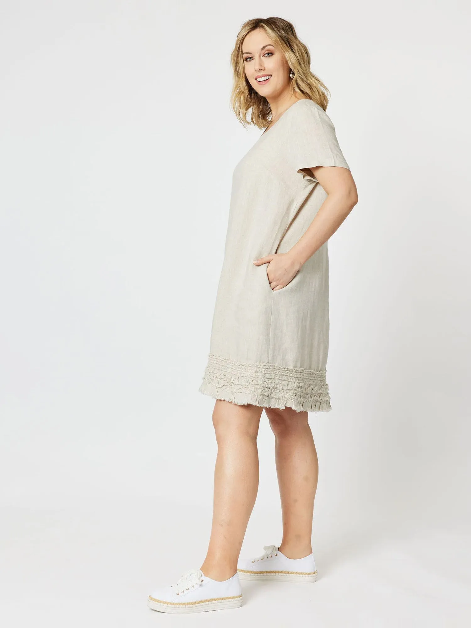 Ruffle Hem Scoop Neck Linen Dress - Natural sold by RC & Co product image thumbnail 4