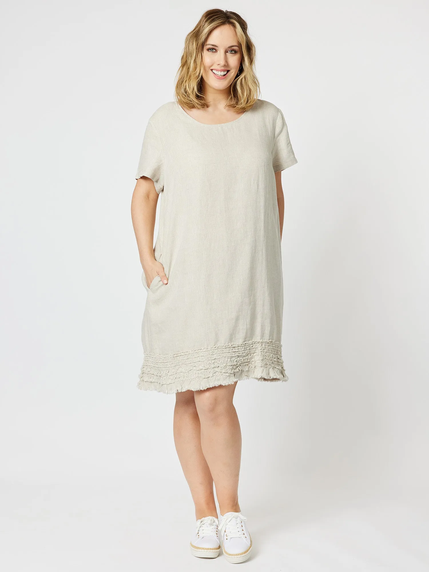 Ruffle Hem Scoop Neck Linen Dress - Natural sold by RC & Co