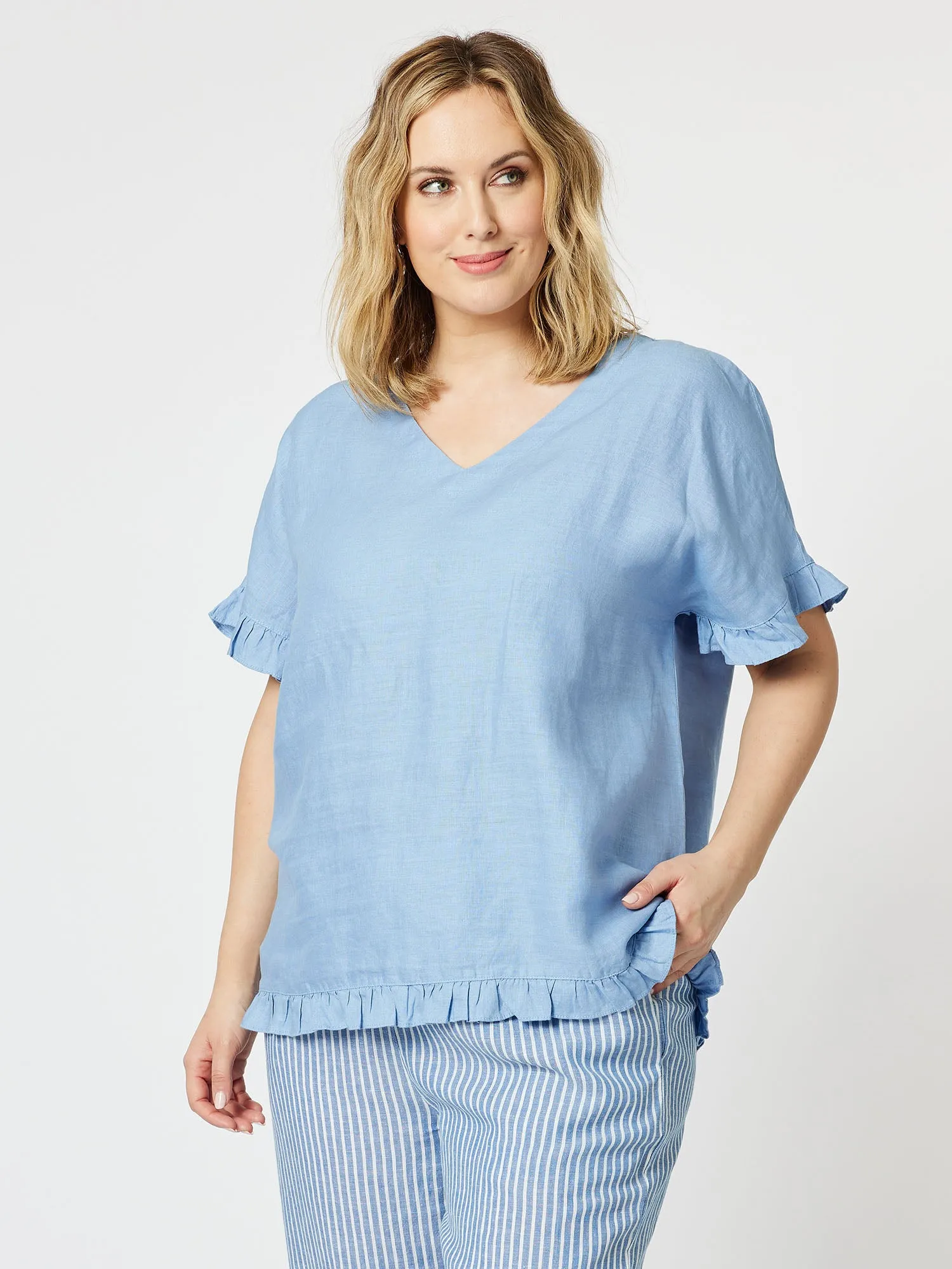 Ruffle Hem Linen Top - Denim sold by RC & Co