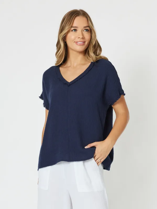 Byron Cotton V-neck Top - Navy sold by RC & Co