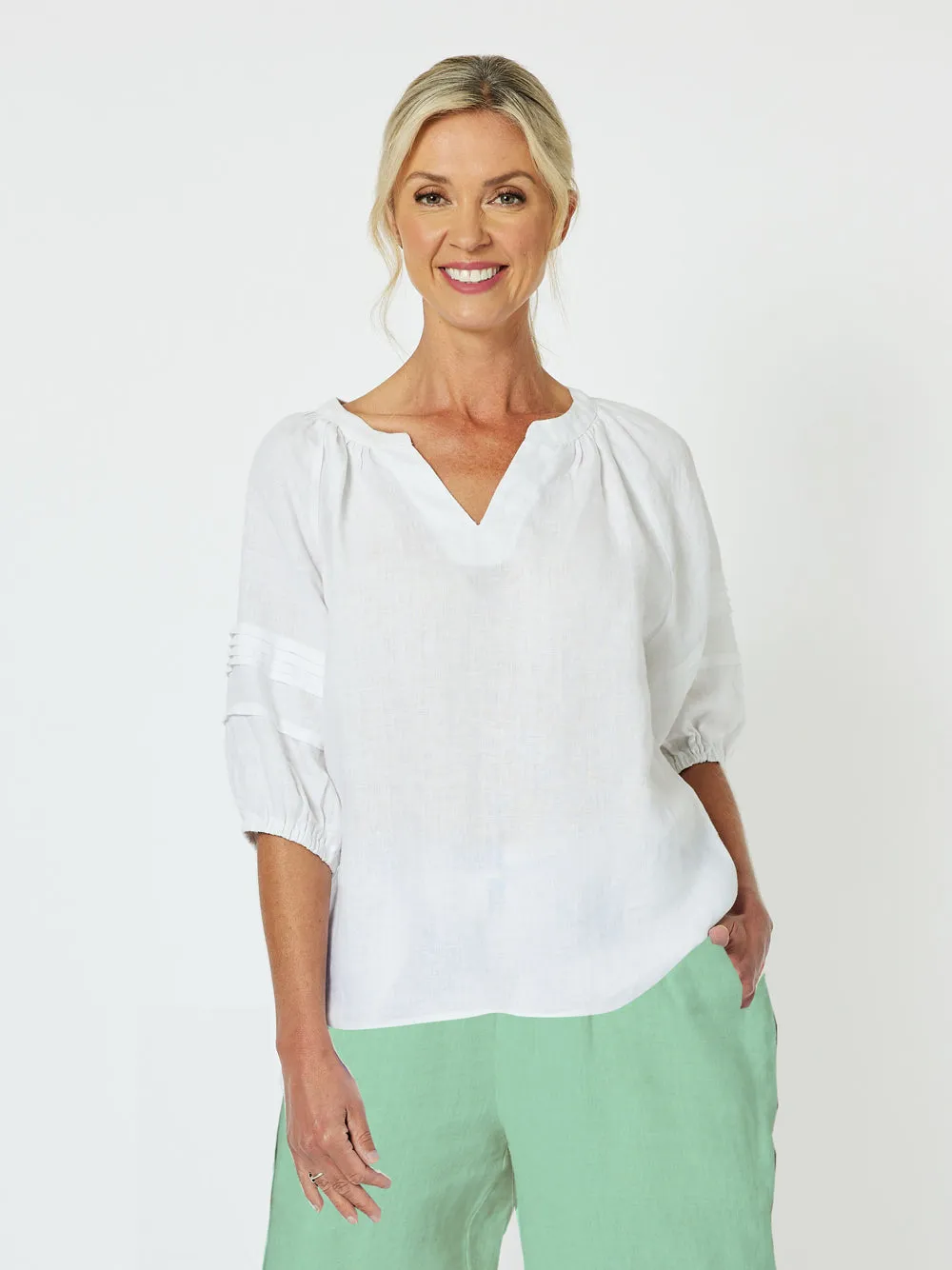 Diana Linen Pleat Sleeve Top - White sold by RC & Co