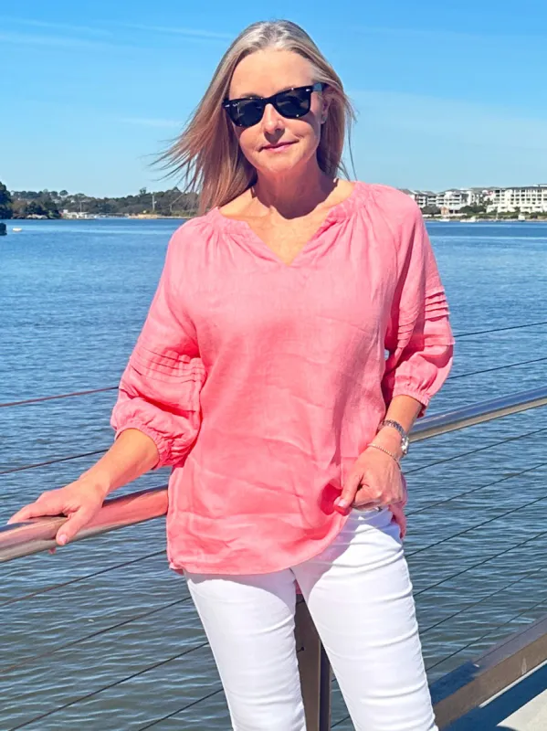 Diana Linen Pleat Sleeve Top - Coral sold by RC & Co