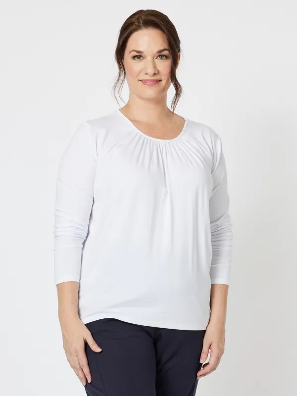 Gather Neck Jersey Long Sleeve Top - White sold by RC & Co