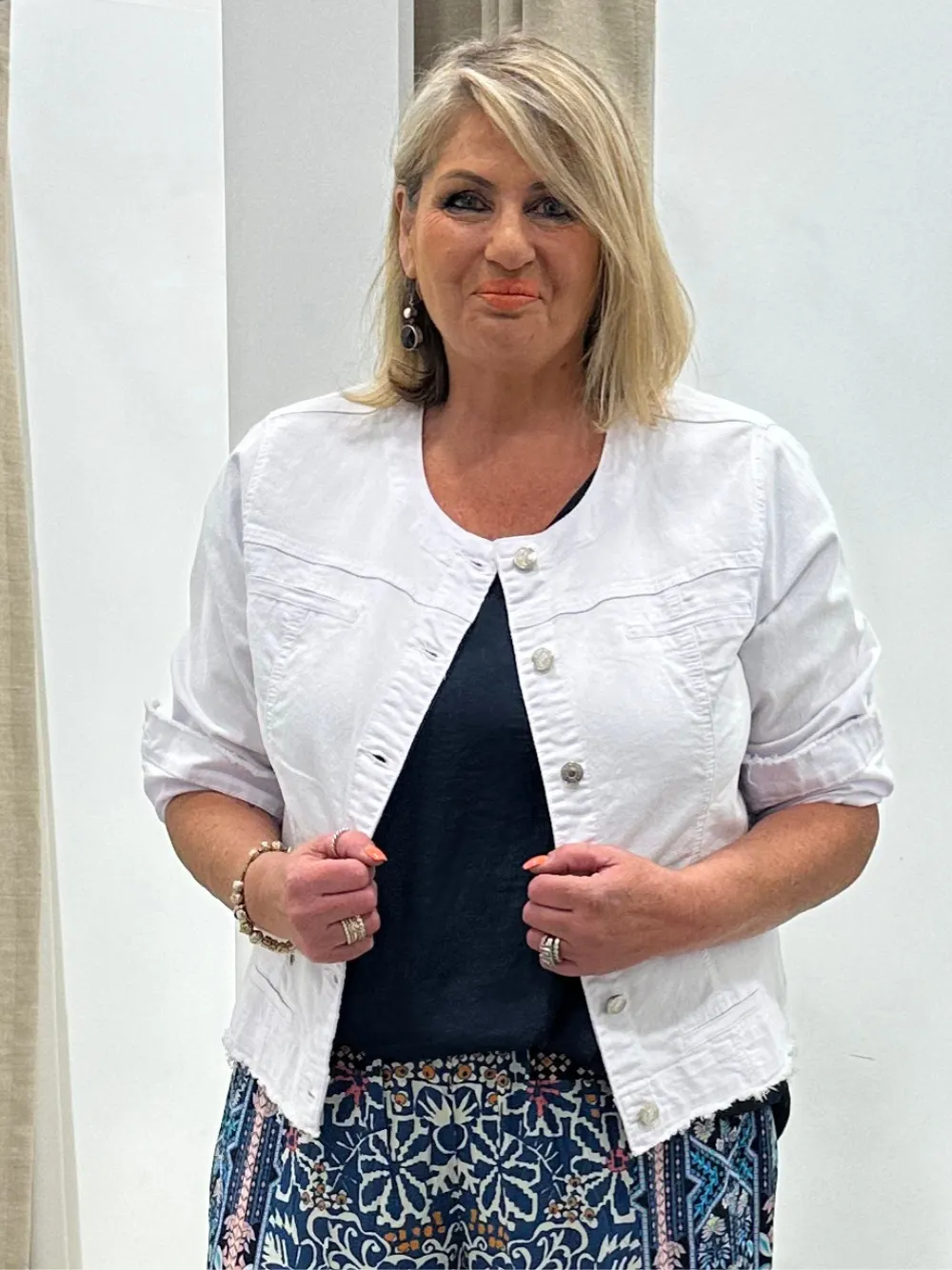 Collarless Frayed Hem Denim Jacket - White sold by RC & Co