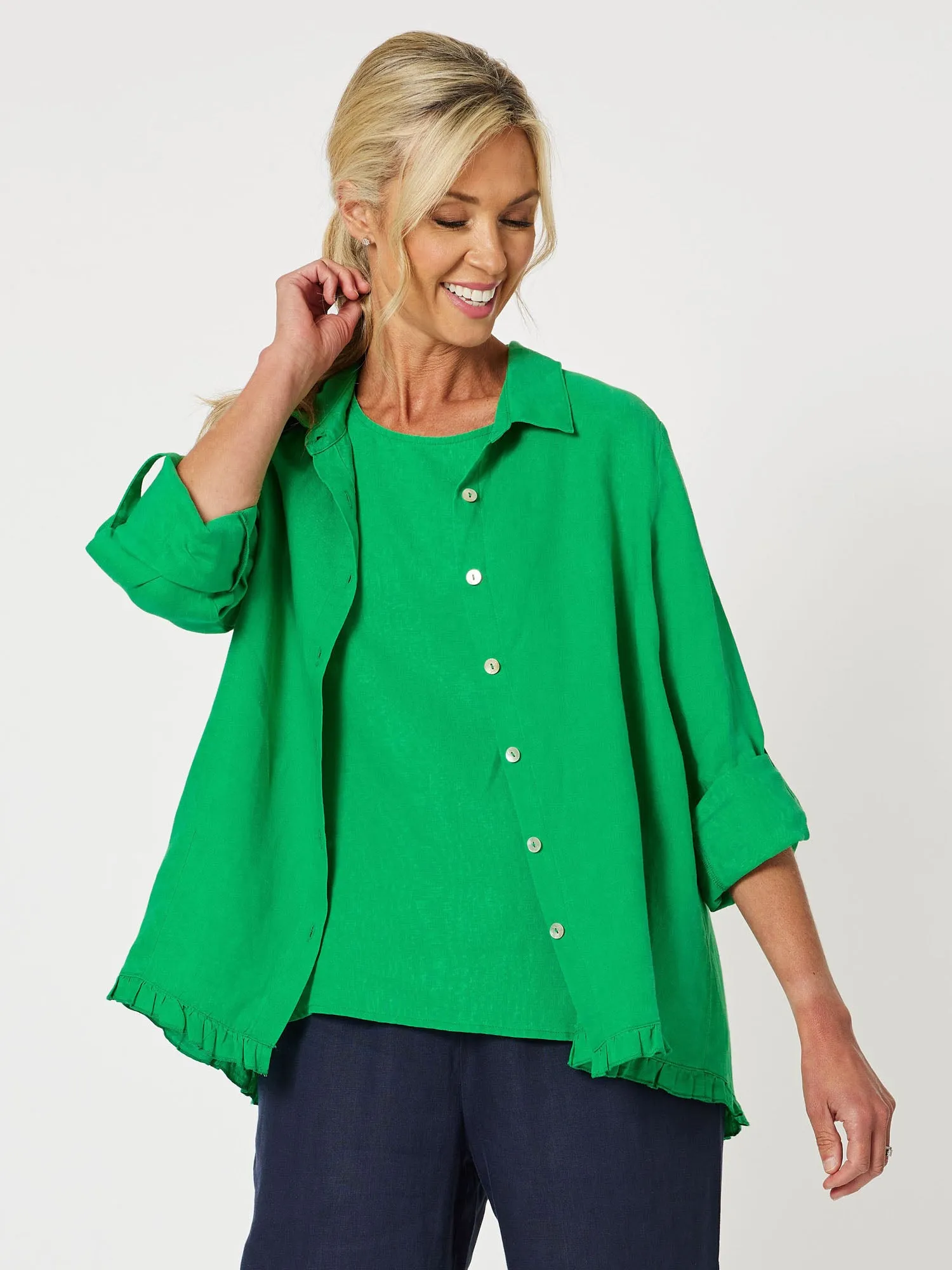 Ruffle Hem Linen Shirt - Emerald sold by RC & Co product image thumbnail 5